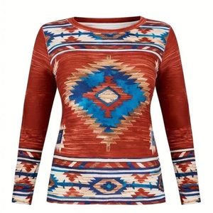 Women's Plus Pull Down Aztec Printed Fleece‎ Top Round Neck Long Sleeves.A169